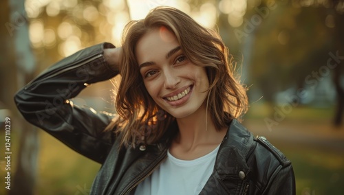 Portrait of an adult brown hair woman with her hands behind her head