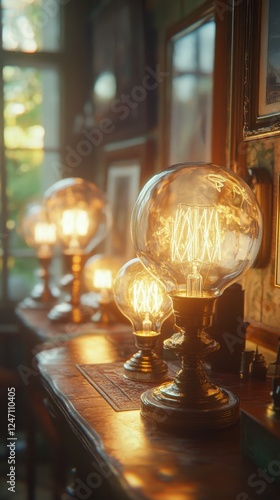 Warm glow of vintage lamps illuminating a cozy interior space at sunset