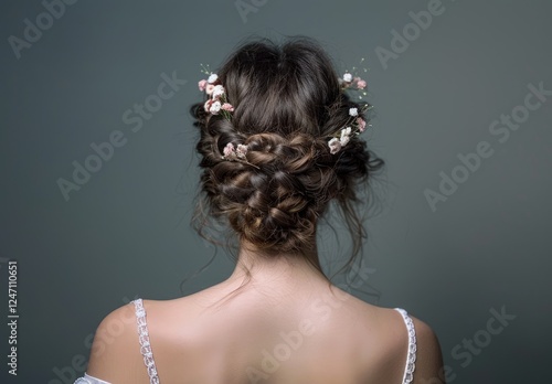 Updo Elegance A sophisticated updo hairstyle with hair pins and accessories, highlighting the reflective hair texture