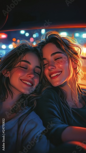 Two smiling women enjoying a joyful moment in a car on a sunny day