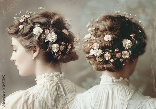 Updo Elegance A sophisticated updo hairstyle with hair pins and accessories, highlighting the reflective hair texture