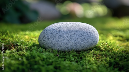 Unique textured rock resting on green grass under bright daylight in a serene...