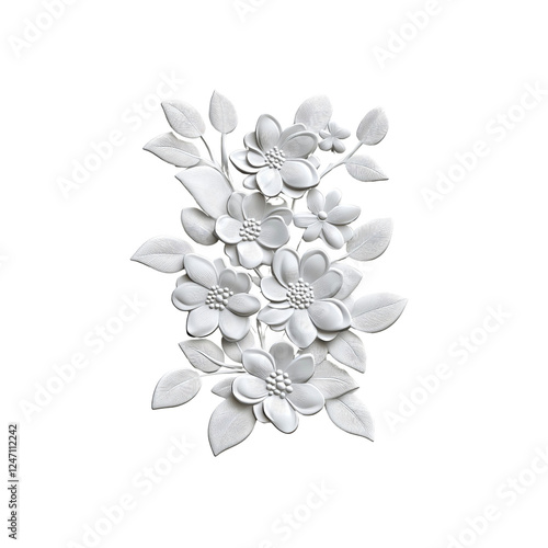 3D Render of White Floral Bas-Relief Bouquet