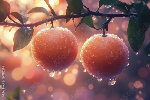 Fresh oranges hanging from tree branches after a rain shower in a lush garden