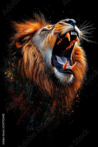 A majestic lion roaring fiercely against a dark background. photo