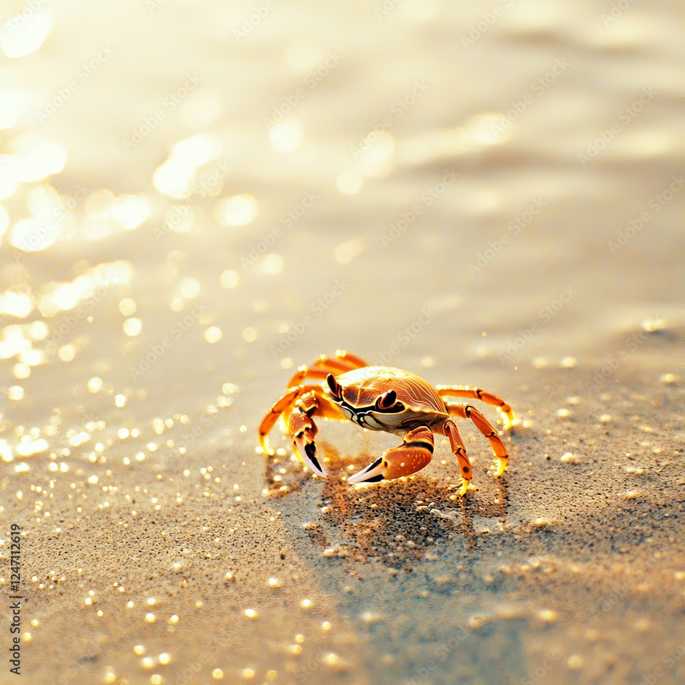 A vibrant crab scuttles across the sandy beach under the warm glow of the setting sun near the ocean waves. A vibrant crab scuttles across the sandy beach under the warm glow of the setting sun near the ocean waves.