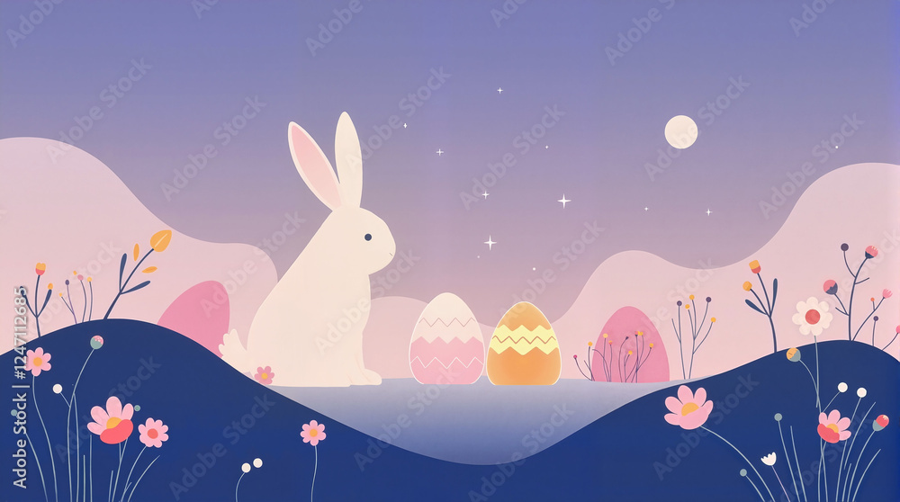Obraz premium Minimalistic illustration of a cute bunny sitting next to colorful Easter eggs under a starry night sky