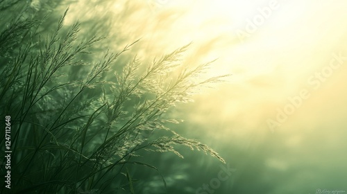 Morning dew glistens on vibrant green grass in a sunlit natural setting