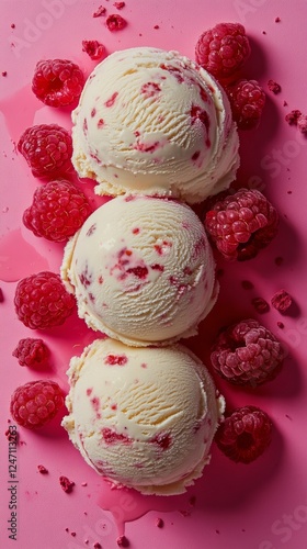 Delicious raspberry ice cream served with fresh berries on a pastel background