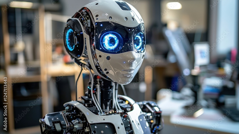 Fototapeta premium Humanoid robot with glowing blue eyes stands amid a blurred office, symbolizing AI's integration in modern tech and automation. Great for robotics and future tech content.
