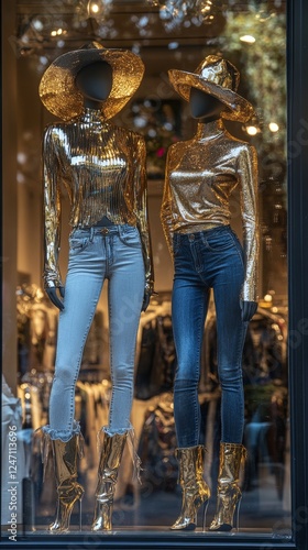 Stylish mannequins in a clothing store window display during a sunny day