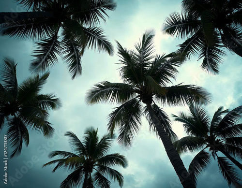 Tropical Palm Trees from Below Against a Clear Blue Sky
