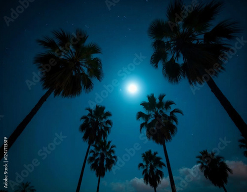 Tropical Palm Trees from Below Against a Clear Blue Sky