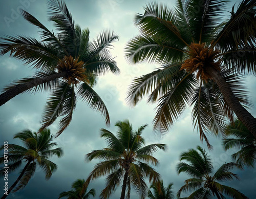 Tropical Palm Trees from Below Against a Clear Blue Sky