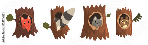 Animal Character in Hollow Tree Trunk Vector Set