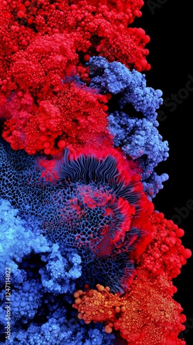 This vibrant abstract artwork features intricate patterns in red and blue against a dark background, captivating the viewers eye.