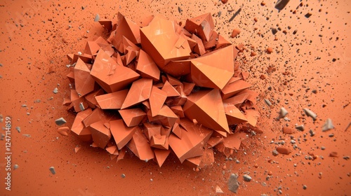 An abstract composition of shattered geometric shapes in vibrant orange against a contrasting textured background.