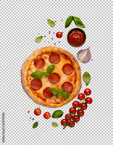 Tasty pepperoni pizza and cooking ingredients tomatoes basil, Delicious Italian Pizza with Fresh Ingredients and Herbs on transparent background, png, psd