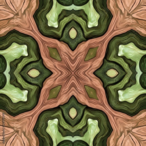 This abstract pattern showcases a harmonious blend of earthy tones and organic shapes in a symmetrical design.