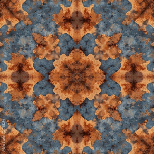 This intricate abstract pattern features warm earthy tones and a symmetrical design that captivates the viewers eye.