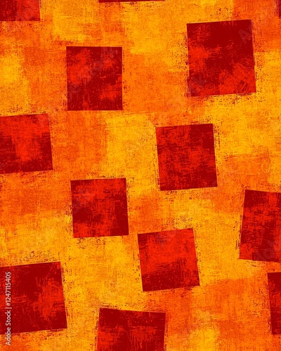 This vibrant abstract background features bold red and orange squares on a textured yellow canvas for creative projects.