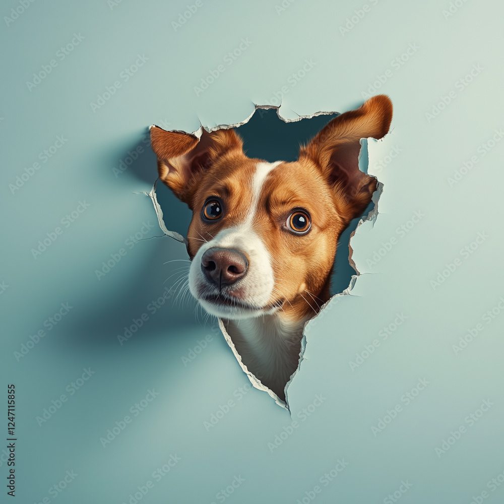 Curious Dog Peeking Through a Broken Hole in a White Wall Curious Dog Peeking Through a Broken Hole in a White Wall