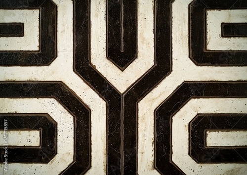 This intricate geometric pattern showcases a stunning black and white design on a textured surface for artistic appeal.