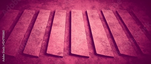 Abstract geometric shapes arranged in a pattern on a textured surface with a vibrant pink hue and artistic flair.