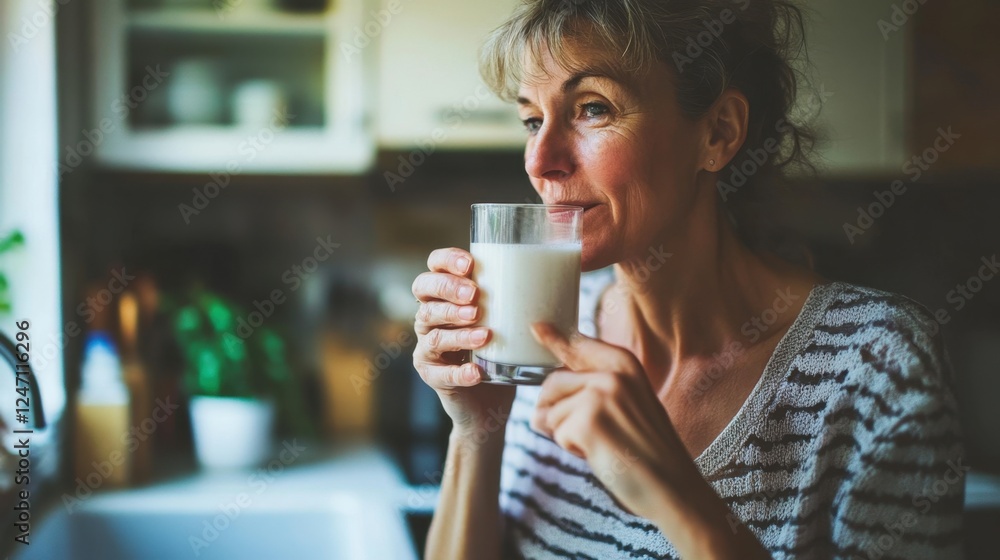 A woman contemplates her lactose sensitivity while holding a glass of milk in her kitchen
A woman contemplates her lactose sensitivity while holding a glass of milk in her kitchen