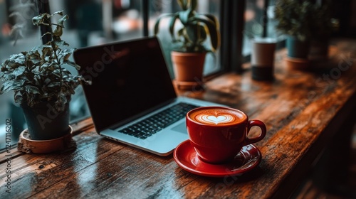 Workspace with laptop, notebook, coffee, and plant on rustic wooden table in ...