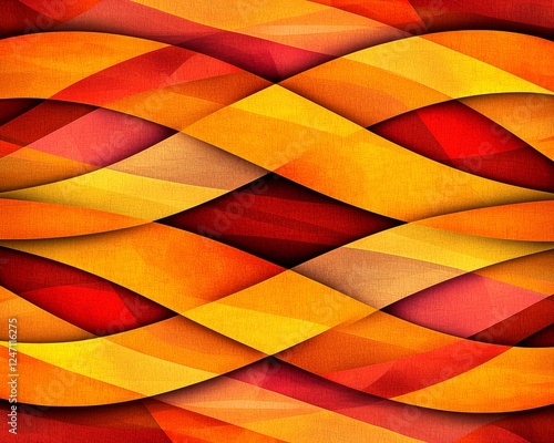 This vibrant abstract pattern features flowing waves of red, orange, and yellow in a dynamic and energetic composition.
