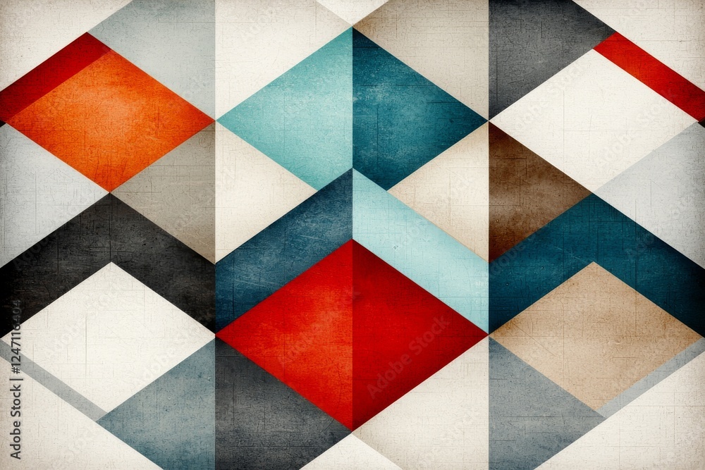 This abstract geometric pattern features vibrant colors and shapes, creating a visually striking design for various uses.