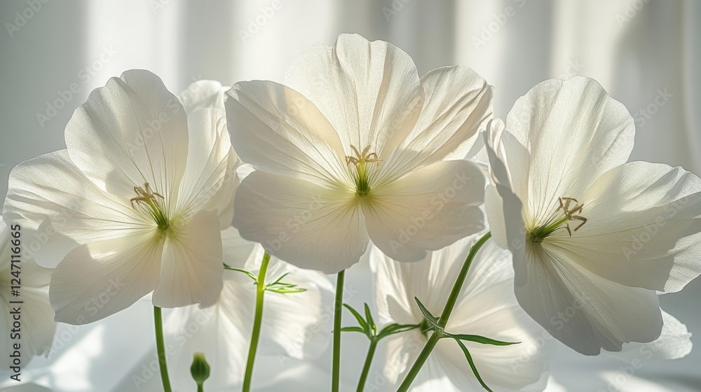 Delicate White Geranium Flowers in Soft Light. Generative AI Delicate White Geranium Flowers in Soft Light. Generative AI