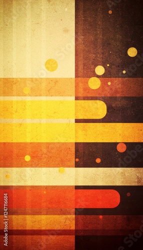 This abstract design features warm colors and geometric shapes creating a retro-inspired visual texture.
