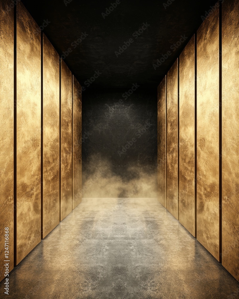 Obraz premium A stunning interior space featuring golden walls and a misty atmosphere creating a dramatic and luxurious effect.