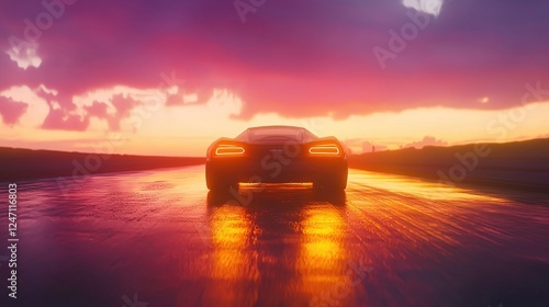 Sleek car speeding into a vibrant sunset, taillights aglow, symbolizing ambition and forward motion. Ideal for automotive, travel, and motivational content. photo