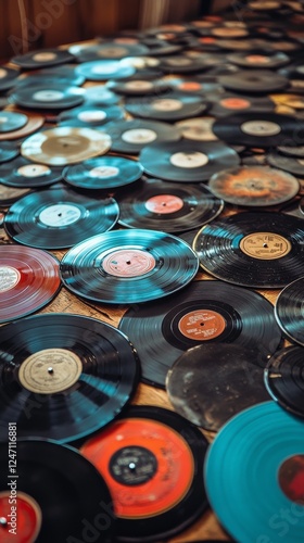 Vintage vinyl records scattered on a surface for music enthusiasts and collec...