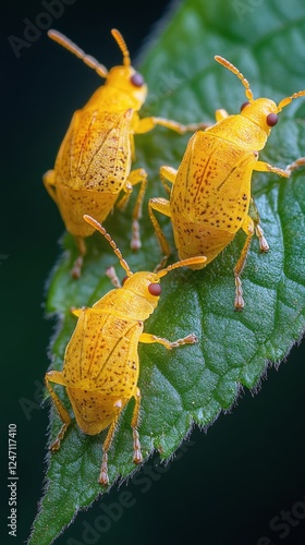 Yellow insects crawling on a green leaf in a close-up view during daylight hours