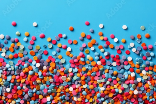 Colorful confetti scattered across a bright blue surface for celebration them...