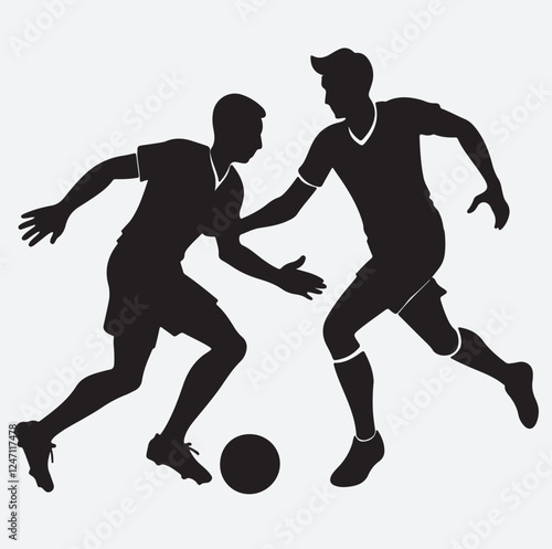 football players silhouettes vector, two players playing soccer silhouette vector art illustration