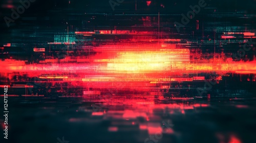 Dramatic futuristic urban landscape with glitchy digital effects neon lights and a vibrant atmospheric color palette evoking a dystopian sci fi inspired mood