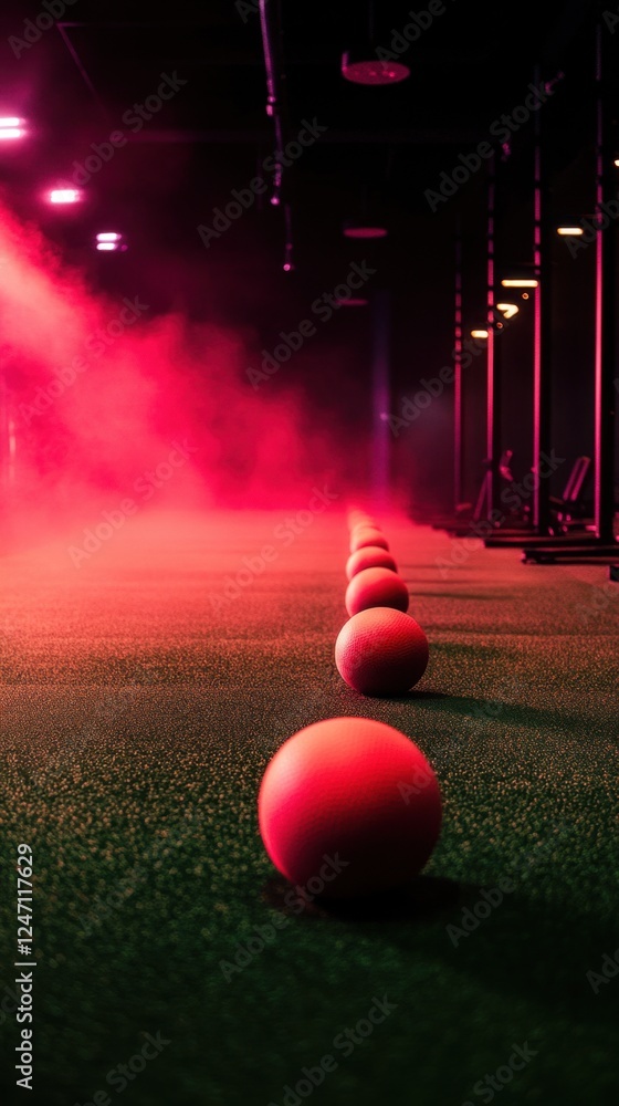 Indoor dodgeball court with glowing pink lights creating dramatic atmosphere