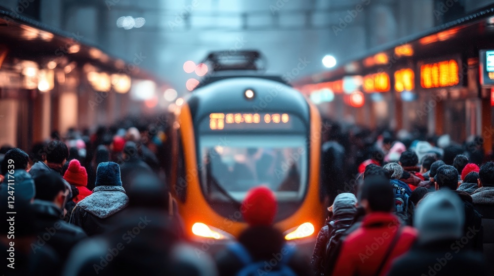custom made wallpaper toronto digitalA packed train station filled with commuters, showcasing vibrant signs and glowing lights that create a mesmerizing atmosphere of energy and anticipation of departure.