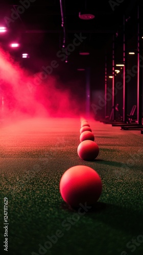Indoor dodgeball court with glowing pink lights creating dramatic atmosphere