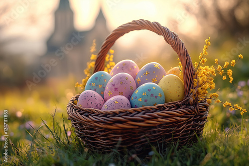 A rustic basket of pastel Easter eggs with floral patterns, surrounded by golden blossoms in a sunlit meadow, radiating warmth and springtime serenity