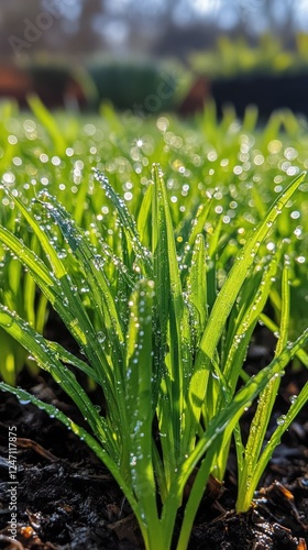 Fresh green grass glistens with morning dew in a tranquil garden setting