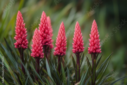 Vibrant pink flowers bloom amidst lush green foliage in a serene outdoor setting