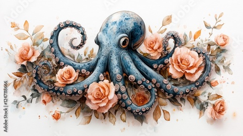 Detailed Watercolor Painting of an Octopus with Roses. Generative AI