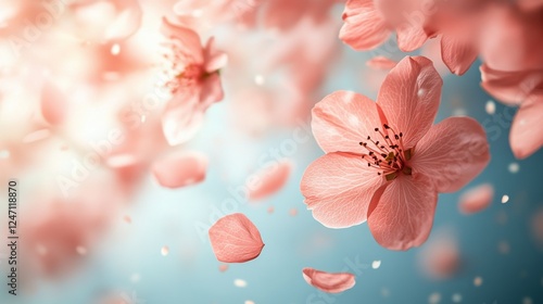 Delicate pink flower blossoms against a serene blue background in springtime ...