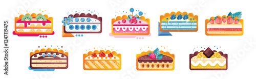 Different Cake Half with Creamy Filling and Berry Vector Set